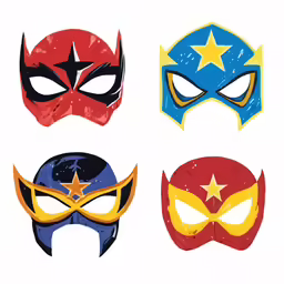 four masks with yellow, blue and red colors