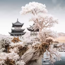 there is a tree near the water and buildings