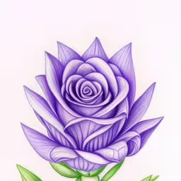 a drawing of a flower with leaves,a purple flower on white paper with green leaves,a blue flower with two green leaves,the drawing is done with colored pencils,purple flowers with green leaves are on white paper