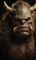 a demon with horns and long hair on it