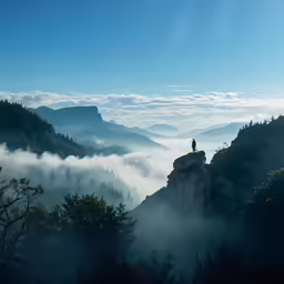 a person on top of a hill surrounded by trees