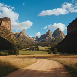an empty dirt road on a sunny day