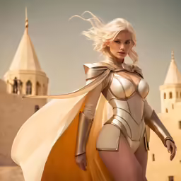 the blonde girl in armor is walking with a sword