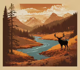 a deer on the bank of a stream during sunset,an abstract painting of a deer overlooking a mountain river