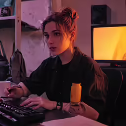 a woman using a computer keyboard on top of a desk