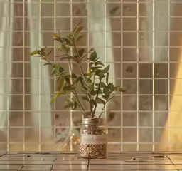 a jar with some plants on it near some tile