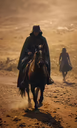 two people riding horses across a desert plain