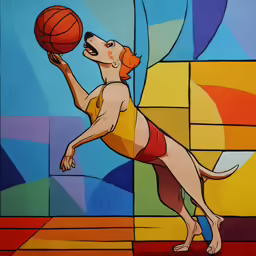 the dog is playing with a basketball in a yellow outfit