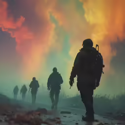 the soldiers are walking through an area where the sky is red and orange