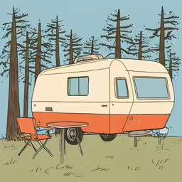 an orange camper parked in the woods next to a blue sky