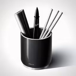 a cup with toothbrushes, pens and pencils