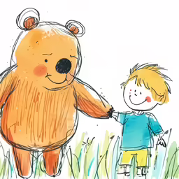 a drawing of a boy holding hands with a bear