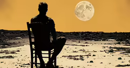 the man is sitting in the chair looking at the moon