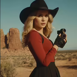 a woman with a hat holding a camera