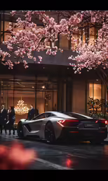 a car sitting outside a building on a rainy day
