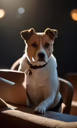 the brown and white dog is sitting in a chair