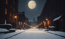 an alley in the night with the moon shining through the clouds