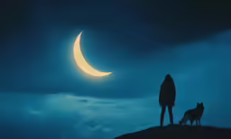 the moon is reflected in the silhouette of a person standing with their dog