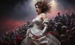 a woman in white dress with a crowd looking on