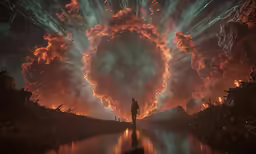 a man standing in front of a huge, orange disk of clouds