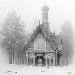 an old - fashioned church in the snow is surrounded by trees