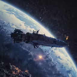 an illustration of a space station near a large earth