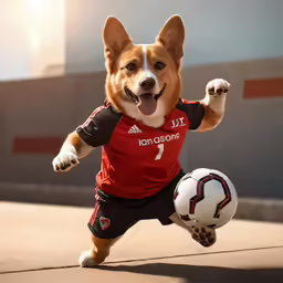a dog in uniform running with a soccer ball