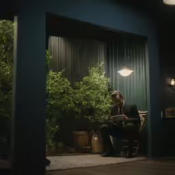 man using his cell phone sitting on the outside patio