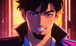a person in a leather jacket, dark hair and light blue eyes,a man with a beard and a suit