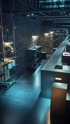 an industrial office building with an illuminated space