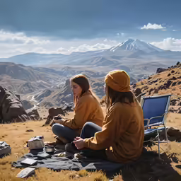two young girls sitting on the ground looking over the mountains