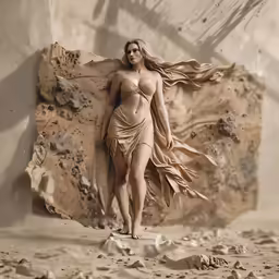a woman in a brown dress standing in front of some rocks