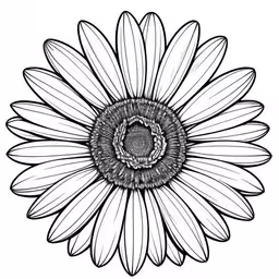 a sunflower drawing in black and white on a white background,a flower with very many petals on the stem,black and white drawing of a flower,a black and white drawing of a flower,a flower that has the center on a white background