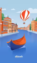 a boat with an orange paddle floating down the river