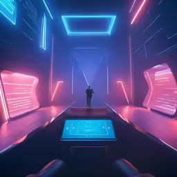 a person stands on a platform in a futuristic space