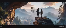 two people stand on a cliff looking at the sunset