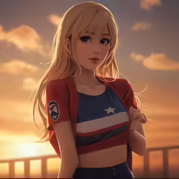 a drawing of an anime girl with blonde hair and american flag clothing