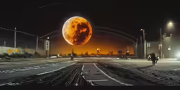 the image of a orange moon and a couple walking down the street