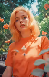 a woman in an orange top is leaning on a bush
