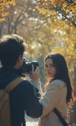 a woman is filming another man in a park