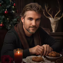 a man in a scarf sitting in front of a plate of cookies