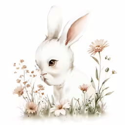 a white rabbit sitting in the grass with pink flowers