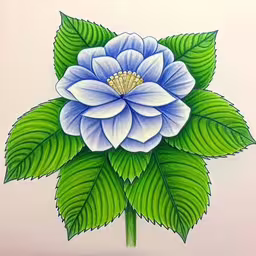 a flower with green leaves and leaves,a painting of blue flower with green leaves