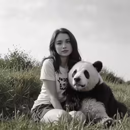 girl sitting in tall grass holding a giant panda