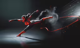 a woman in costume leaping with the help of a long red ribbon