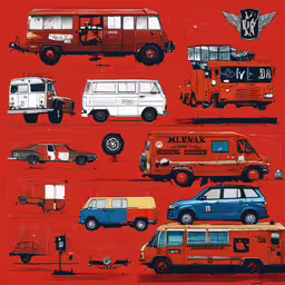 this is the wallpaper for the bathroom with various types of vehicles,an illustration of all kinds of vehicles and trucks on a red background