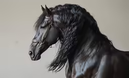 a black horse with long hair standing in front of a wall