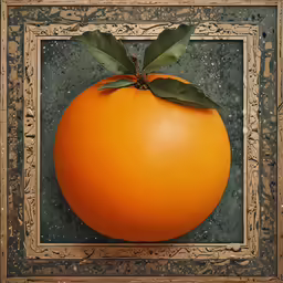 an orange is seen with leaves and an ornate frame