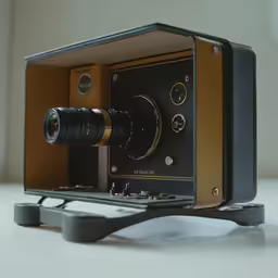 a small, black and gold camera with a long lens