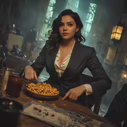 an attractive woman in a black jacket holding a plate of fries